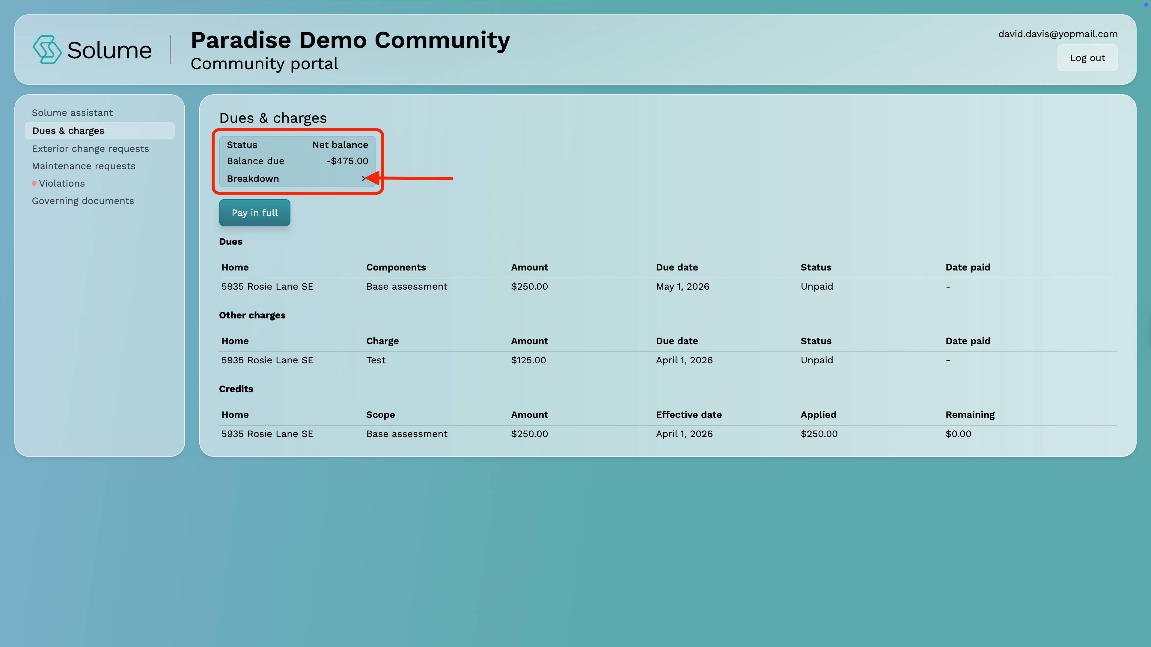 A screenshot of Solume's community member portal and a button to view your balance