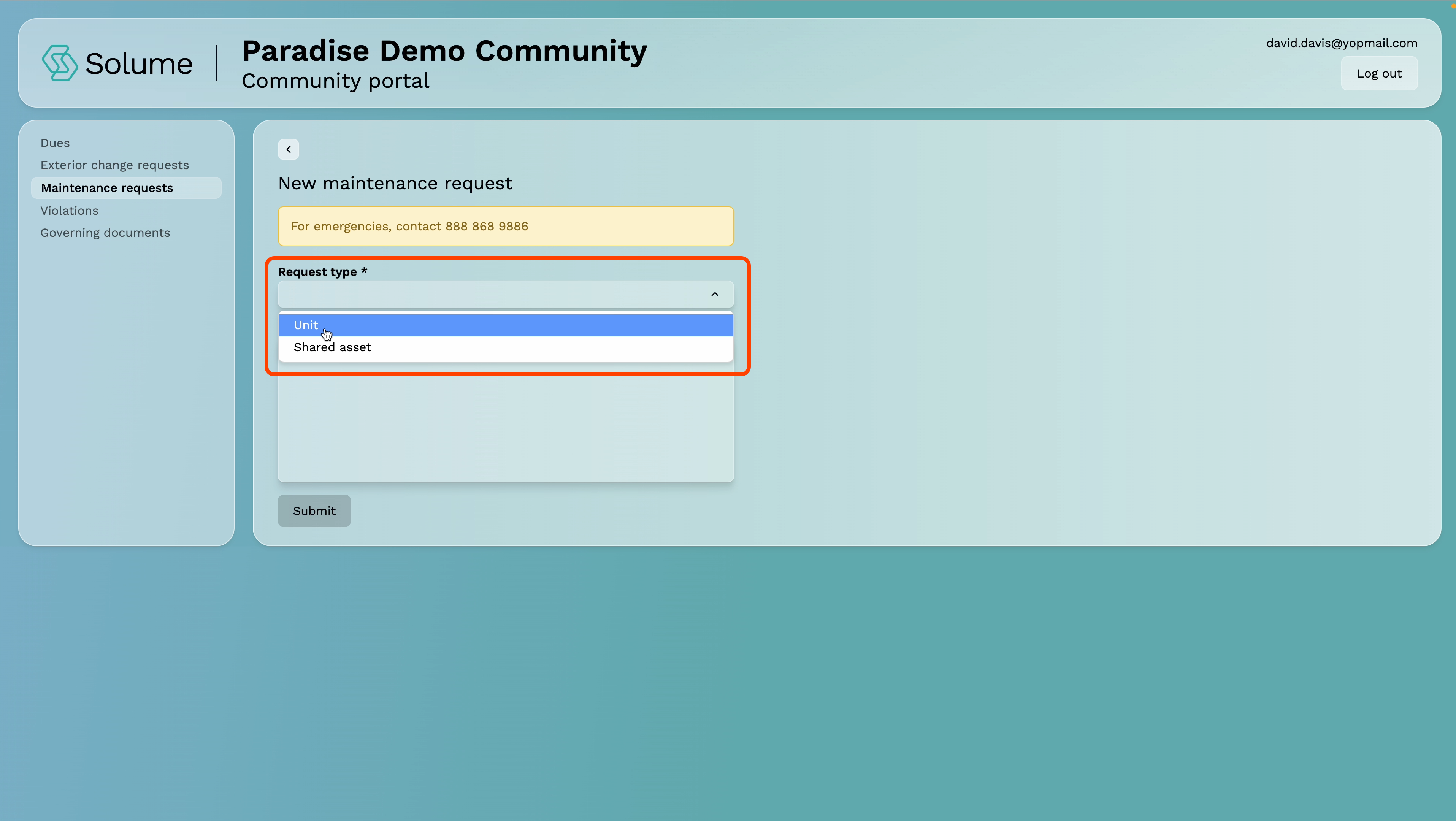 A screenshot with the drop down options highlighted within Solume's home owner portal. 