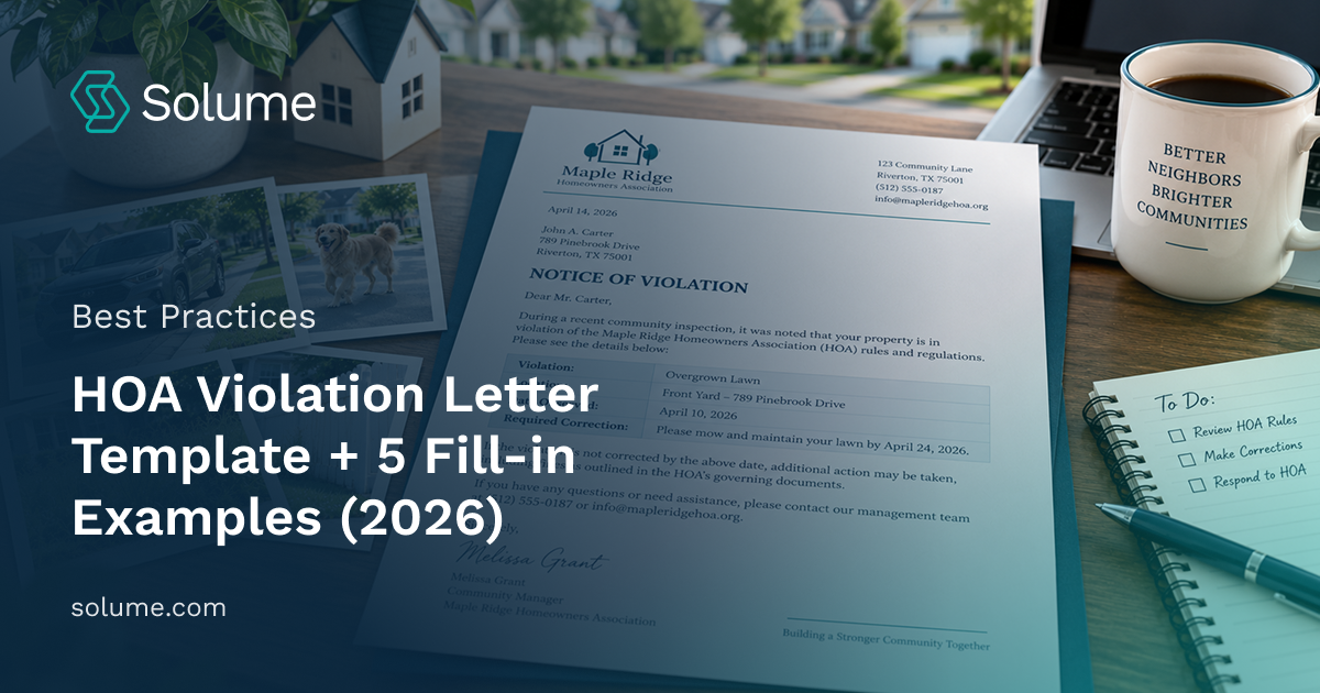HOA violation notice about an overgrown lawn displayed on a wooden desk alongside property photos, a laptop, notebook, pen, coffee mug, and house model.