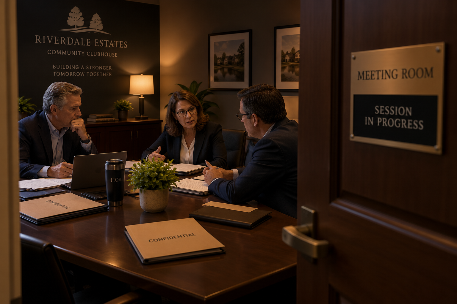 Three HOA directors having a private discussion around a conference table with confidential folders, while a “Session in Progress” sign hangs on the closed meeting room door.