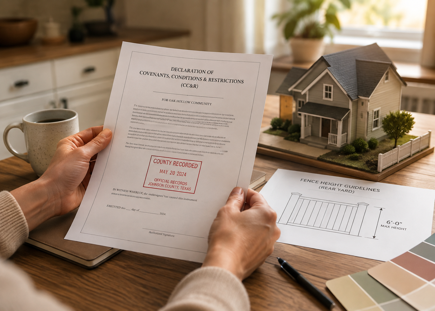 Homeowner reviewing a county-recorded CC&R document on a kitchen table with a model home, paint swatches, and fence-height diagram nearby.