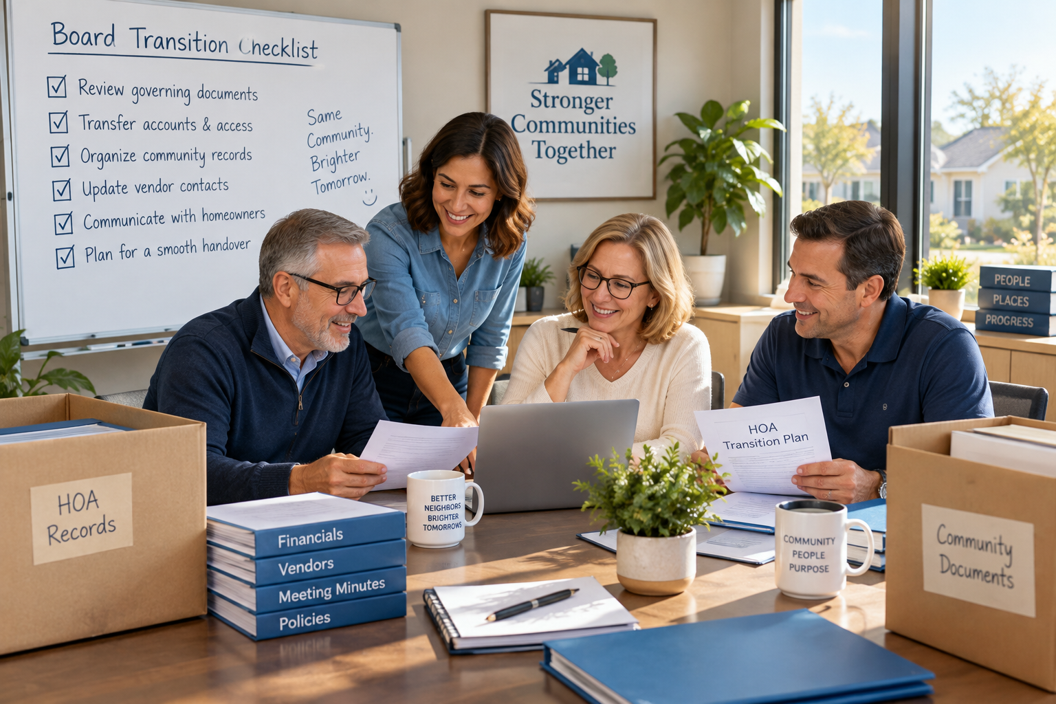 HOA volunteer board members reviewing documents and a laptop during a leadership transition meeting, with organized files, moving boxes, and a transition checklist in the background.