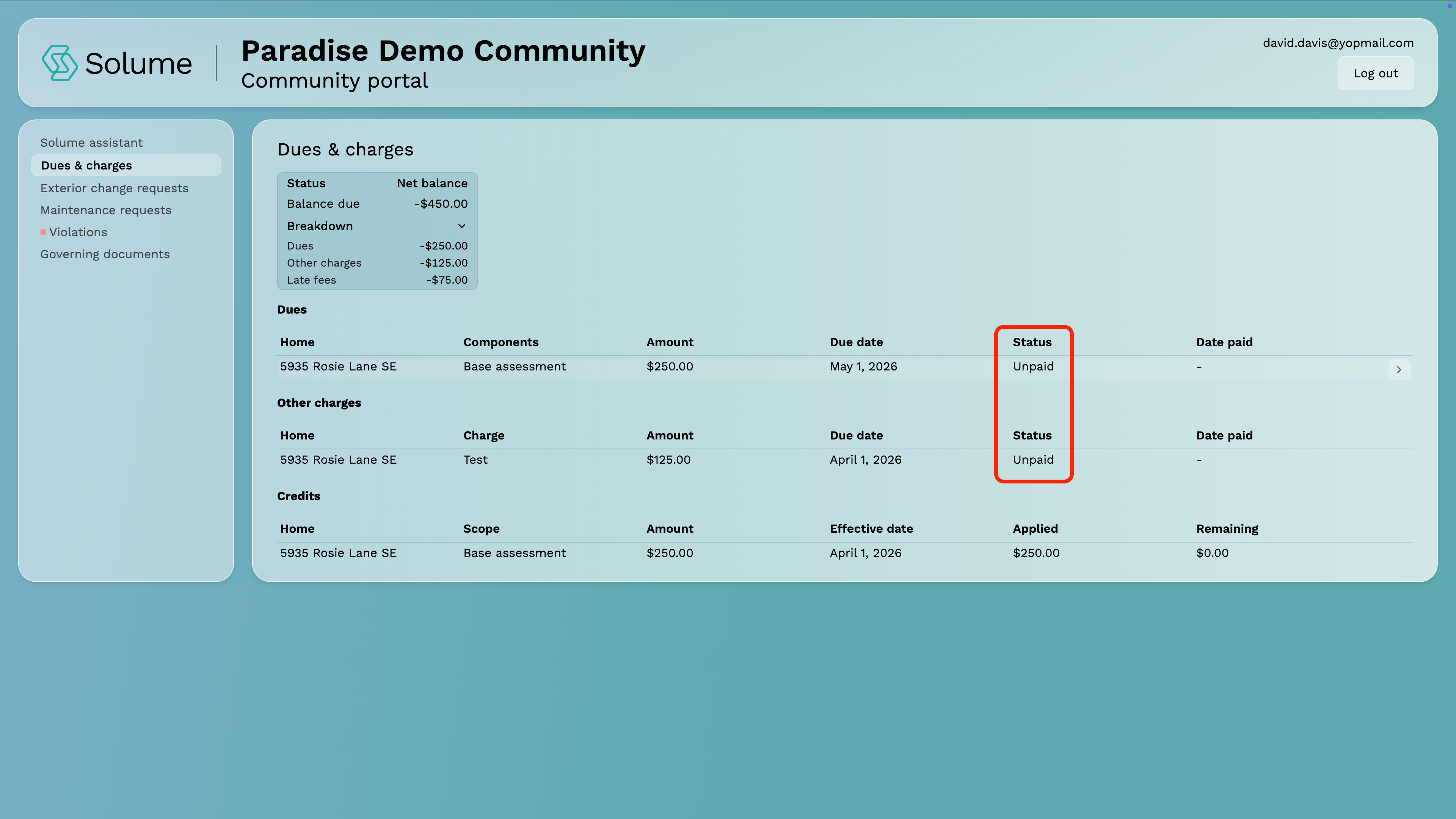 A screenshot of the unpaid dues within the owner portal of Solume.