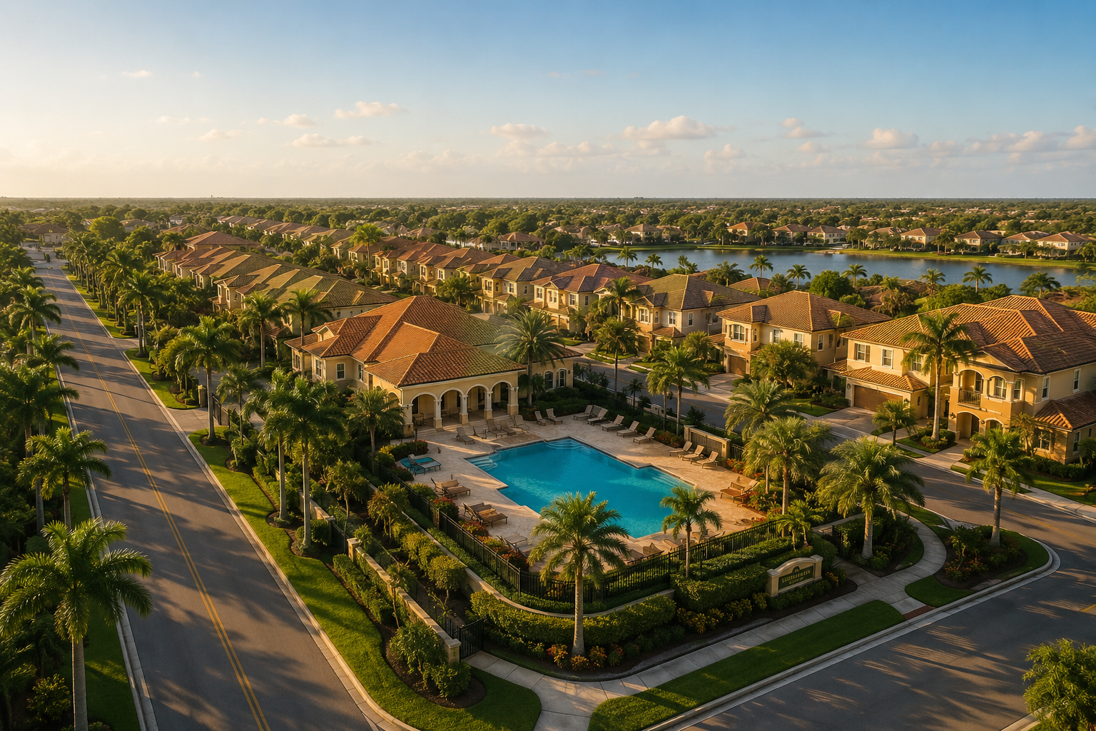 A wide aerial view of a well-maintained Florida residential community featuring terracotta-roofed townhomes, a shared swimming pool, palm-lined streets, and lush landscaping under warm late-afternoon sunlight with a clear blue sky.