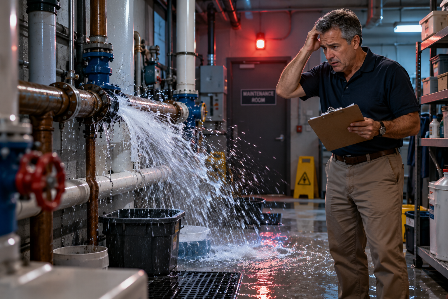 A burst pipe spraying water inside an HOA clubhouse maintenance room while a concerned board member looks on holding a clipboard, conveying unplanned urgency and stress. Dim utility lighting with cool blue tones contrasted by a warning-red emergency context. Tight, slightly tense composition, documentary photography style.