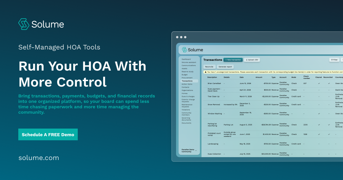 Solume HOA management software dashboard displaying transactions, payments, expenses, and budget line items in one organized view.