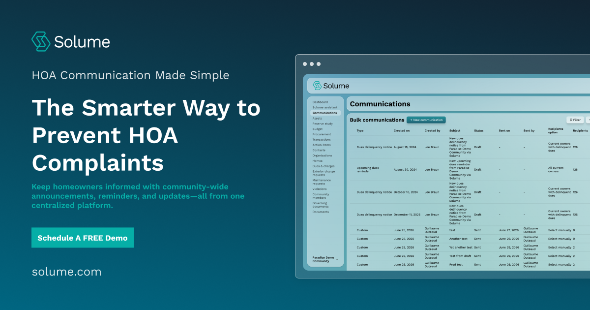 CTA banner for Solume featuring the Communications dashboard with the headline "The Smarter Way to Prevent HOA Complaints," highlighting centralized homeowner communication, announcements, reminders, and community updates.