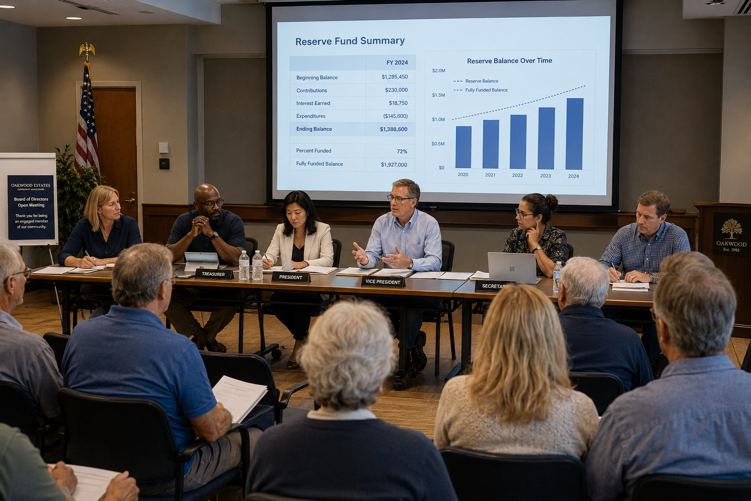 Diverse HOA board members leading a community meeting at a conference table while homeowners listen from the audience, with a reserve fund financial report projected on a screen behind them.