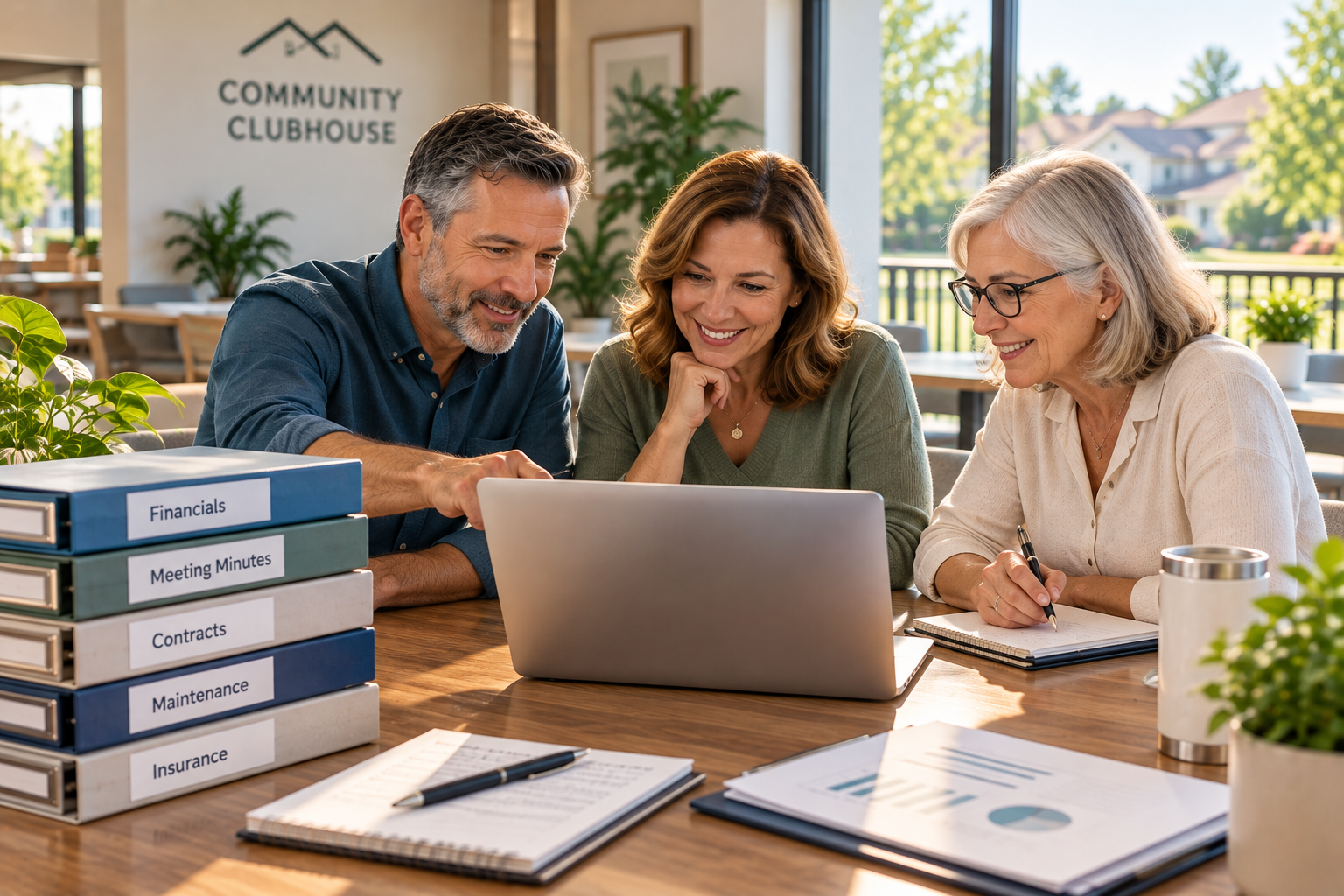 Three HOA board members reviewing community documents together around a laptop in a bright clubhouse, with neatly labeled binders and financial records on the table.