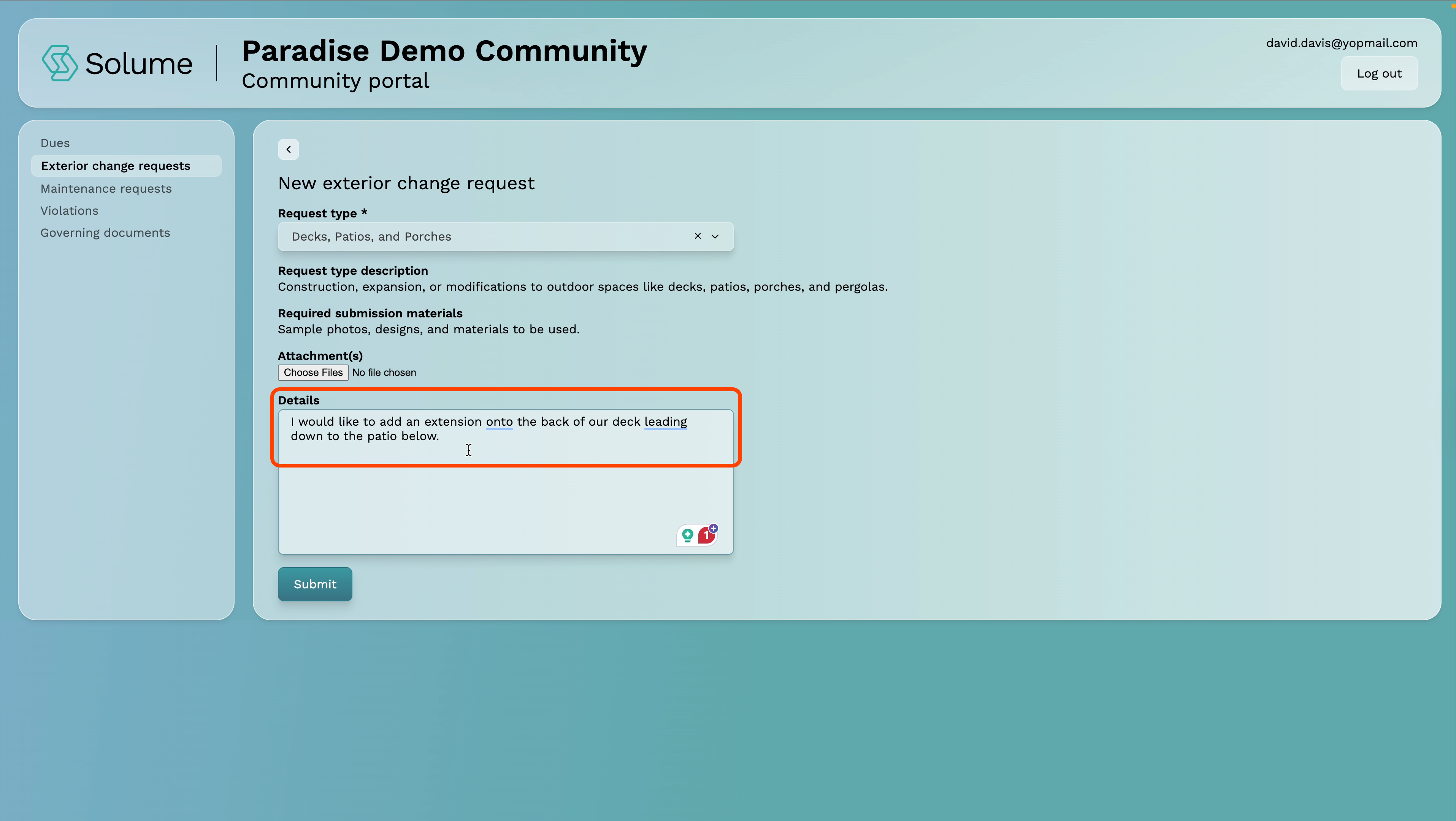 A screenshot highlighting the details box on the home owner portal of Solume where you can describe the type of Exterior Change Request you'd like to make.