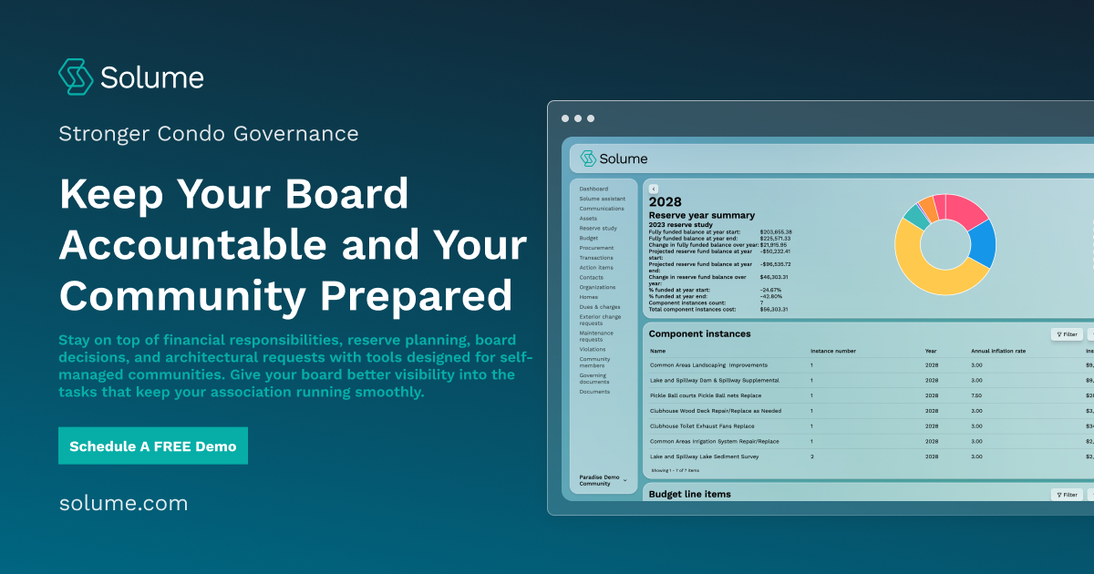 Solume condo association management dashboard showing financial management, reserve planning, dues collection, and architectural review tools for board responsibilities.