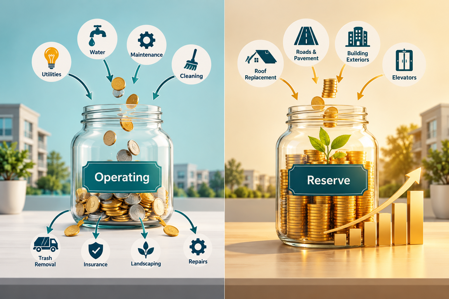 Split-screen illustration showing Operating and Reserve funds in separate money jars, with everyday maintenance expenses on one side and long-term property projects such as roof replacement, roads, and building exteriors on the other.