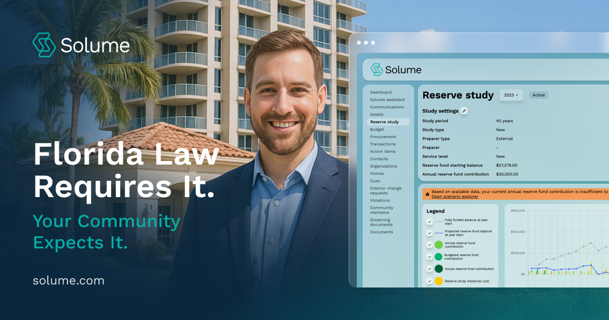 A graphic with a man standing in front of a Florida condo. The text reads: "Florida Law Requires It. Your community expects it."