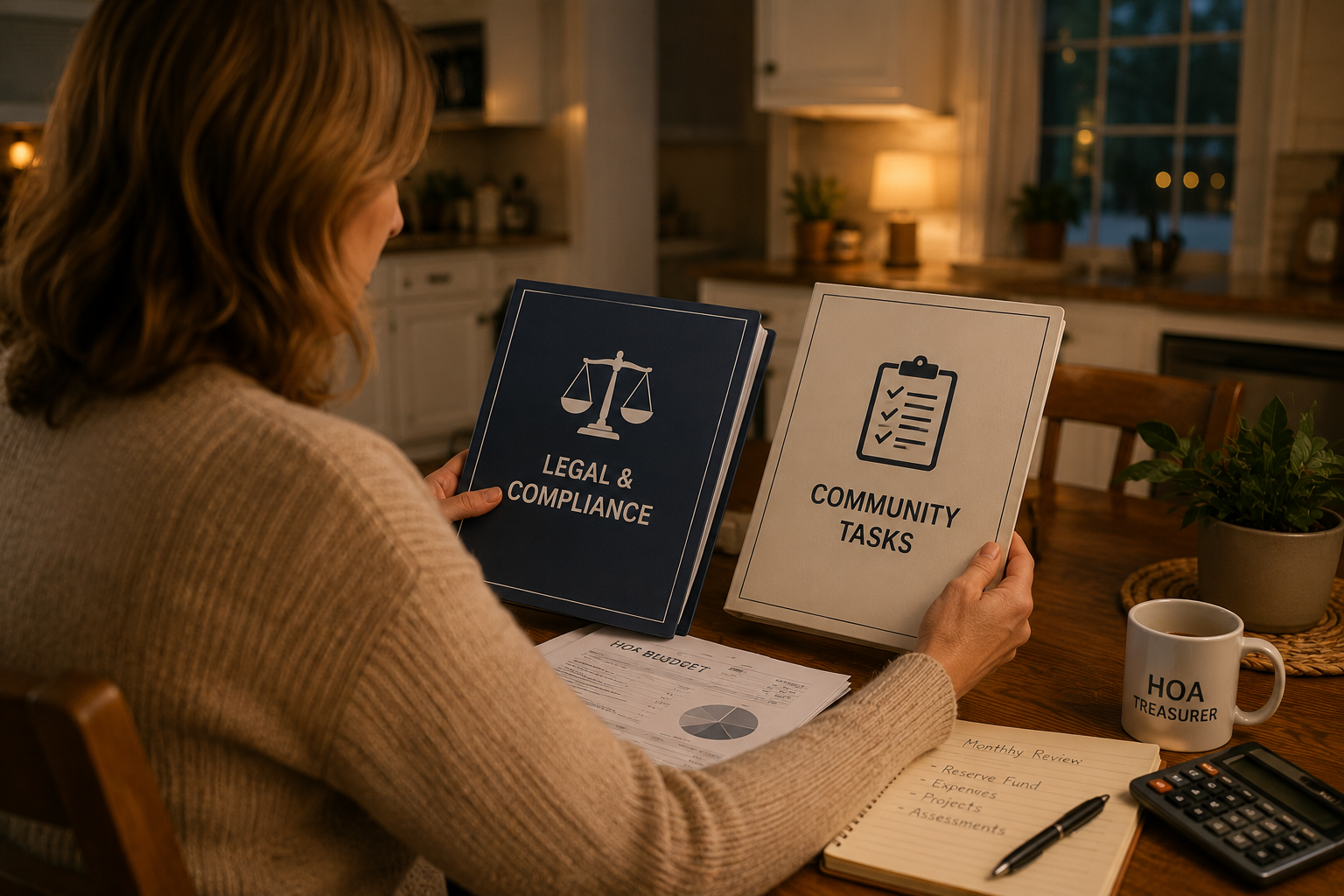 Volunteer HOA treasurer reviewing legal compliance and community task folders while managing association budget documents at home.