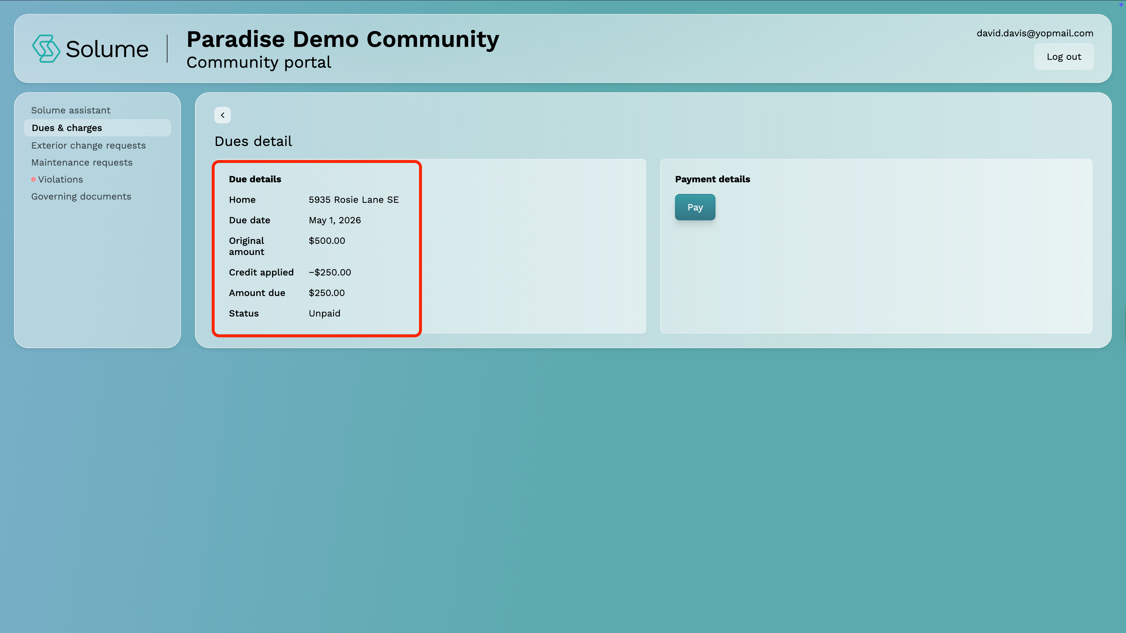 A screenshot of Solume's dues detail view indicating when the invoice is due, how much, any credits on your account, etc.