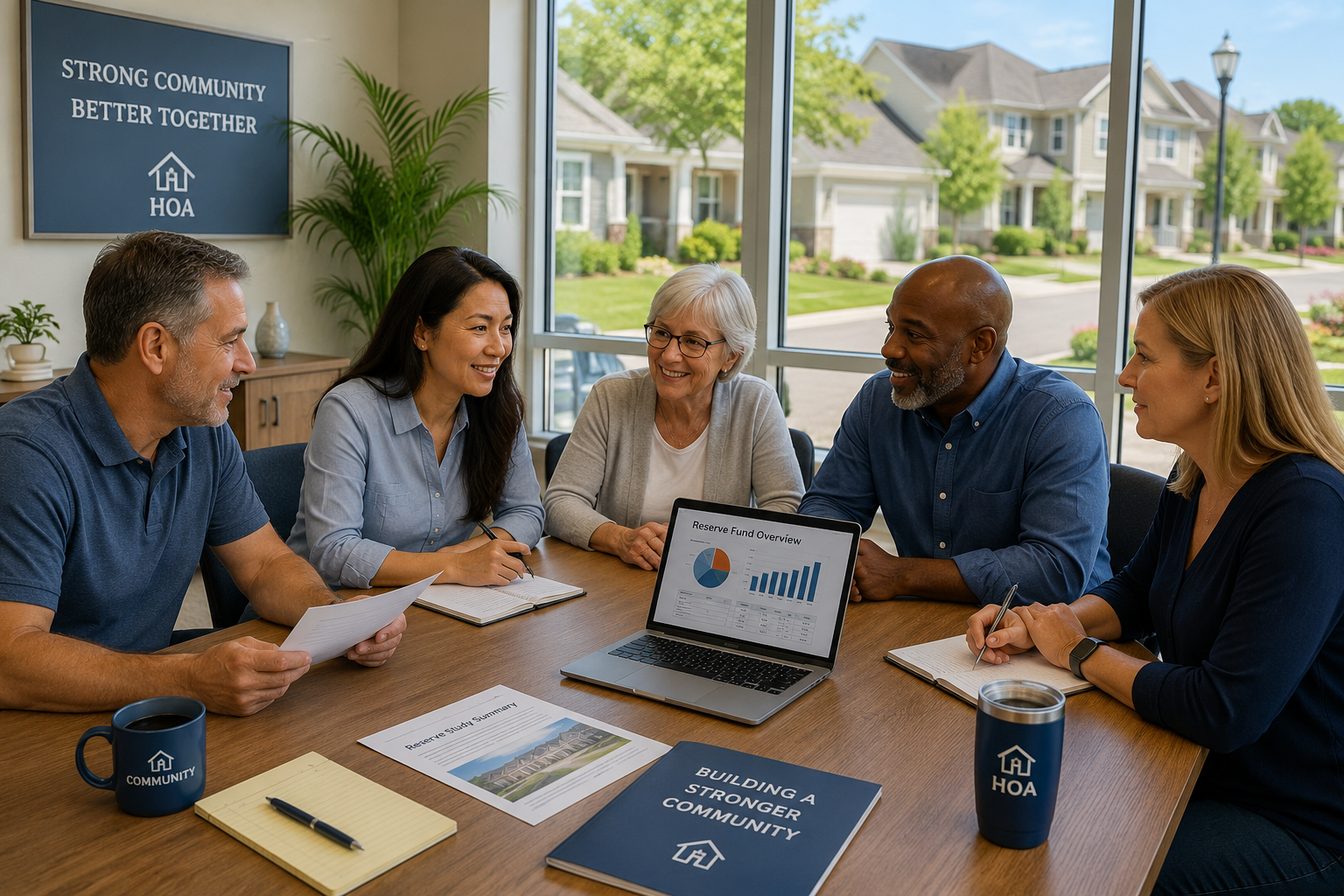 Five diverse homeowners meet around a wooden conference table in a bright community clubhouse, reviewing financial documents and a laptop displaying charts, with a well-maintained residential neighborhood visible through large windows.