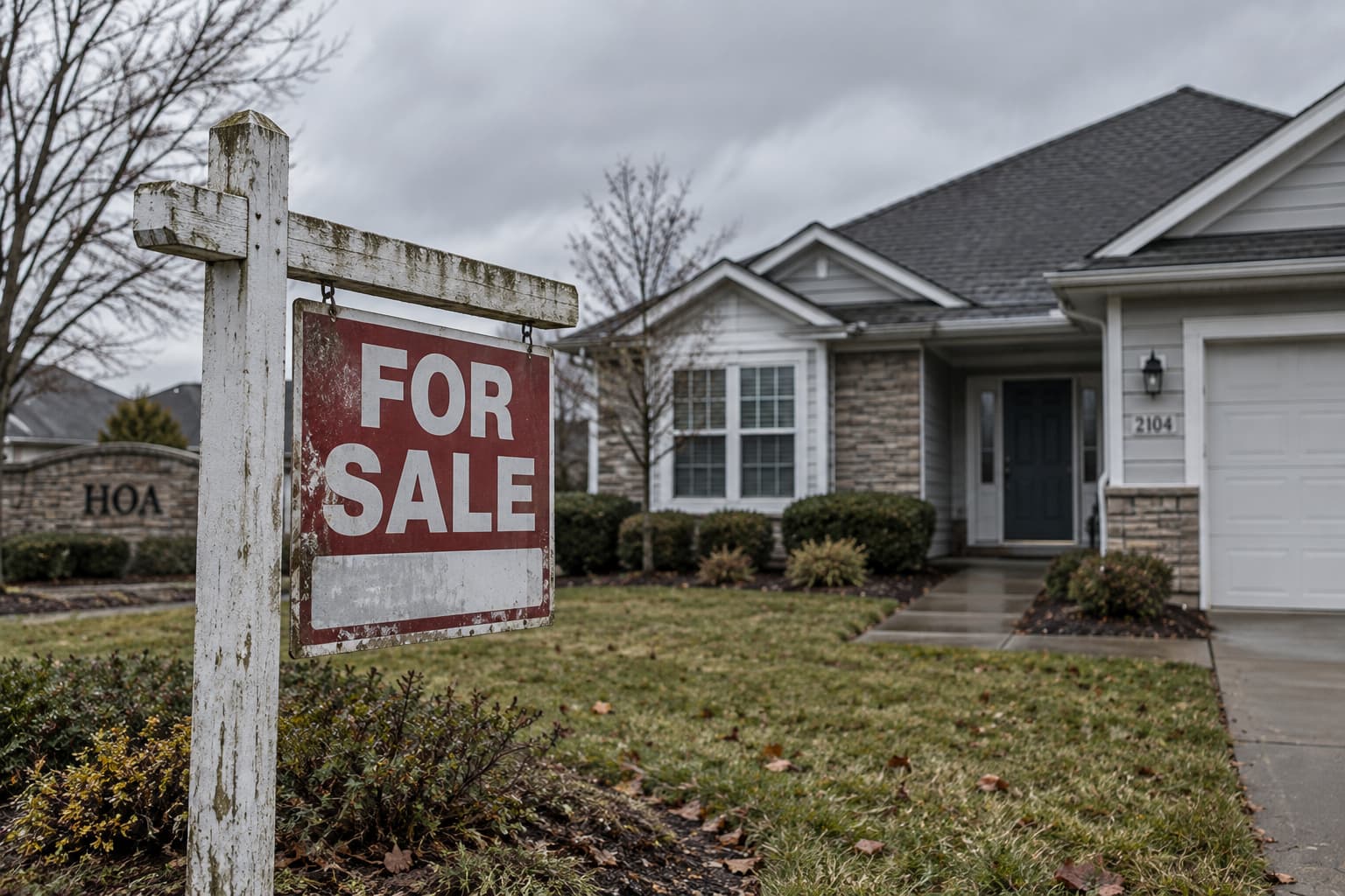 Weathered “For Sale” sign in front of a single-family home in an HOA neighborhood under an overcast sky.