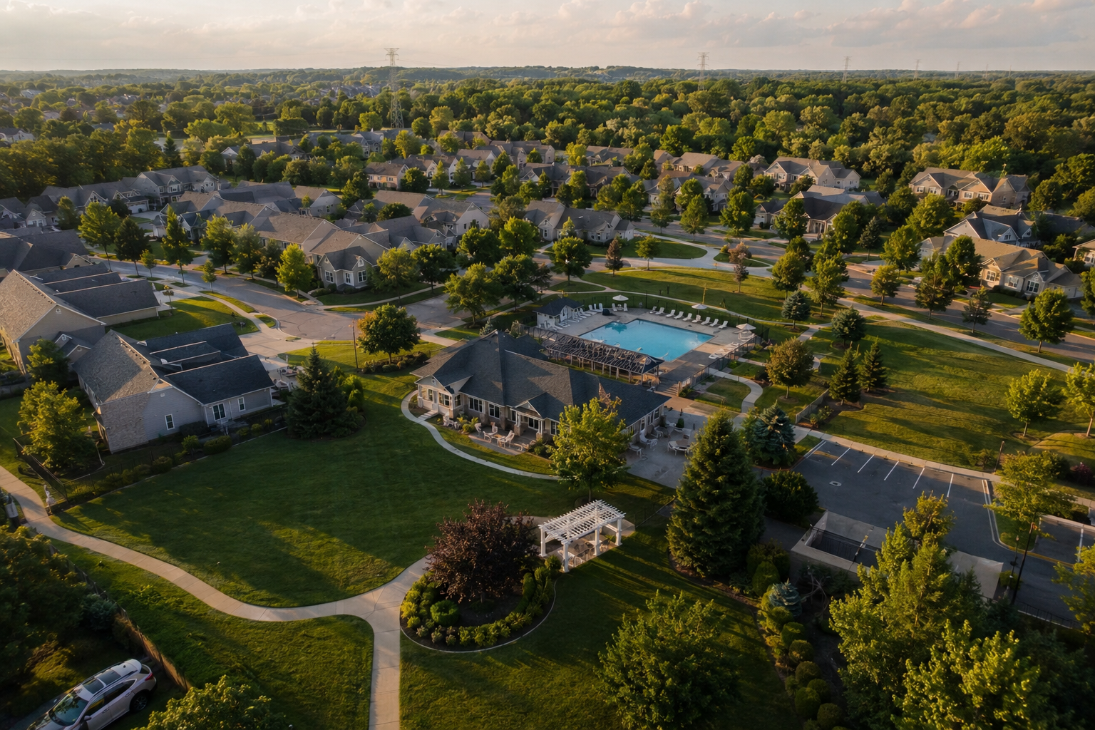 Aerial view of a well-maintained suburban HOA neighborhood featuring rows of tidy homes, manicured lawns, a shared community pool, winding walking paths, and mature trees bathed in warm late-afternoon sunlight.