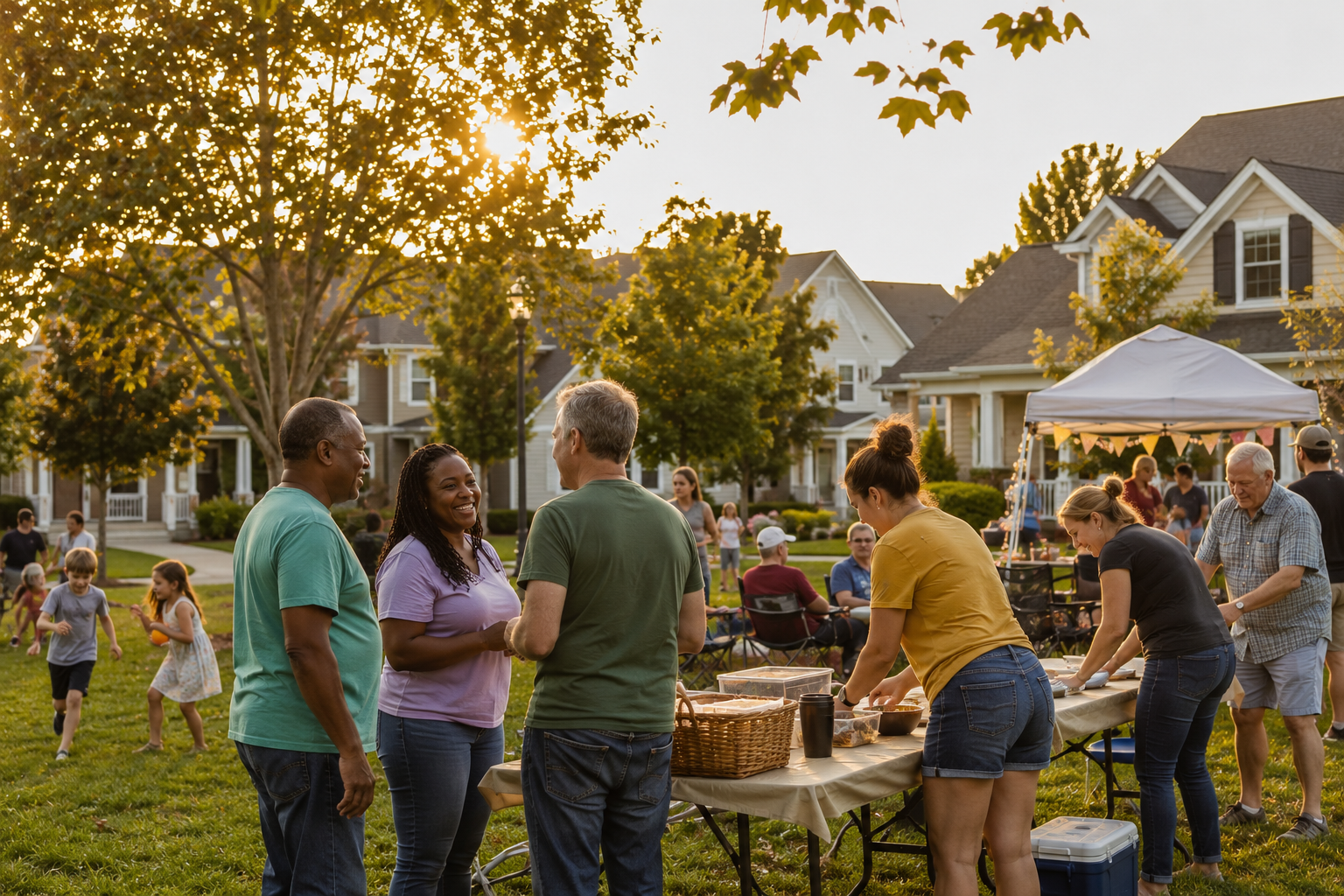 Neighbors of different ages gather in a shared HOA green space, chatting while setting up folding tables for a community event as children play nearby, with suburban homes in the background during golden hour.