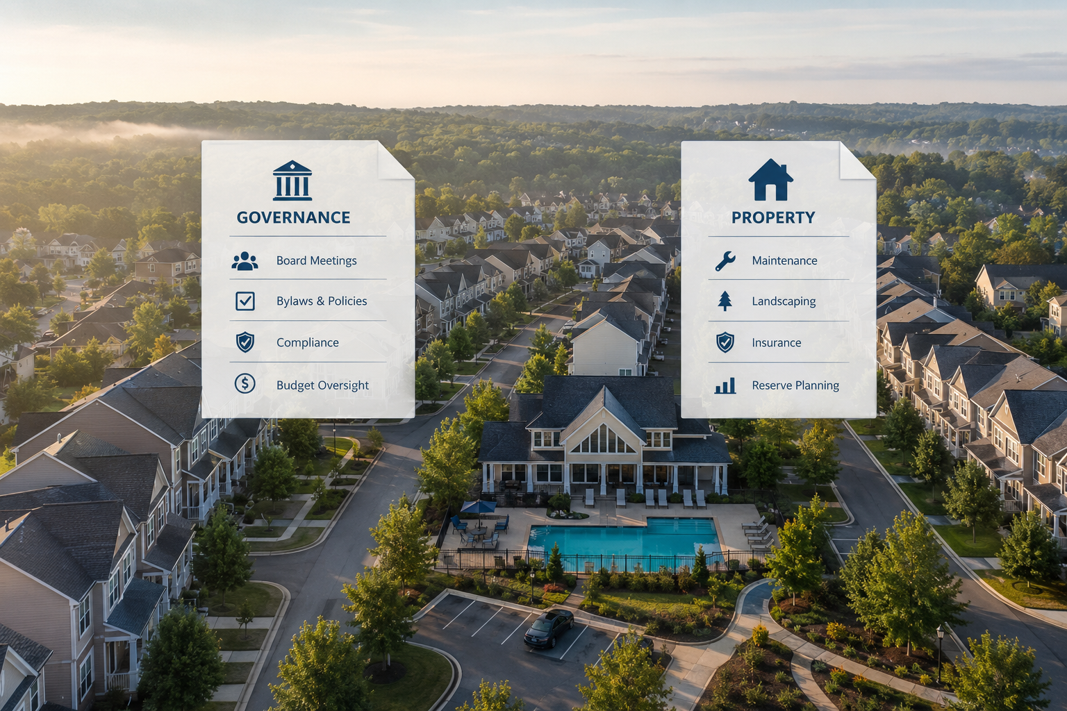 Aerial view of a planned suburban community with townhomes and a shared clubhouse, overlaid with governance and property management documents.