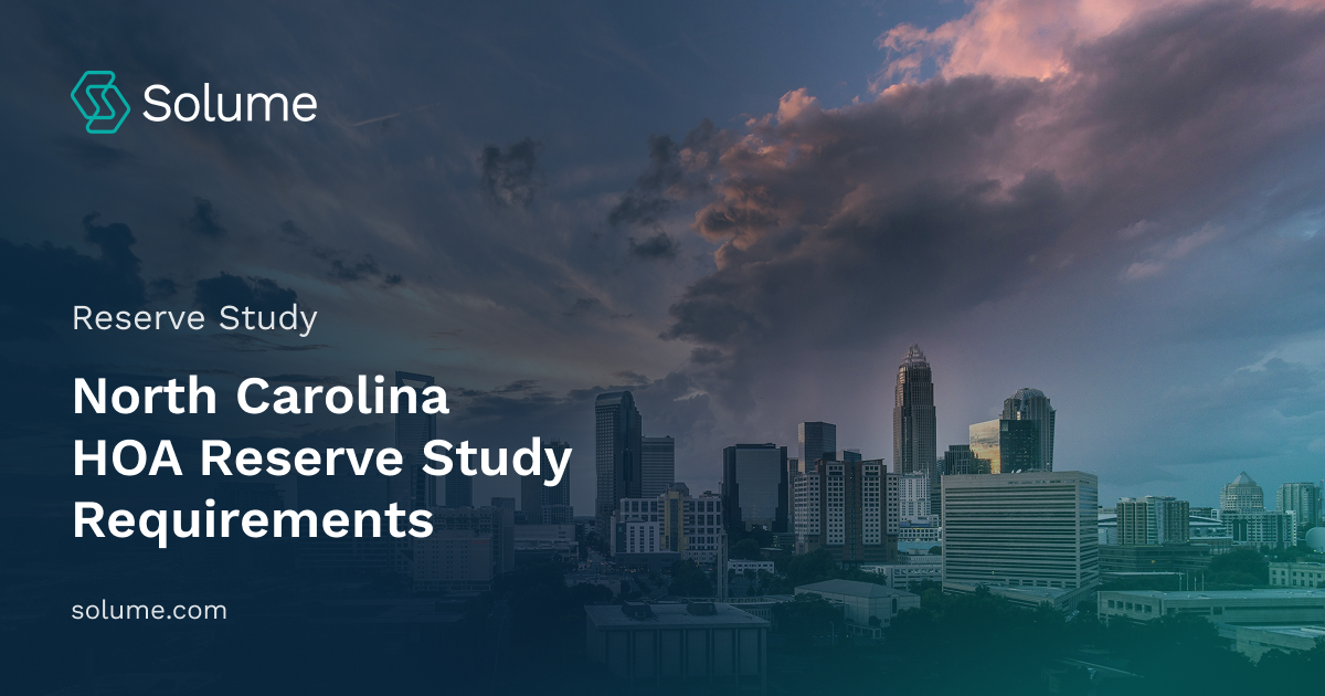 North Carolina HOA Reserve Study Requirements cover image featuring the Charlotte skyline at dusk with modern high-rise buildings, dramatic clouds, and Solume branding on a blue-toned background.