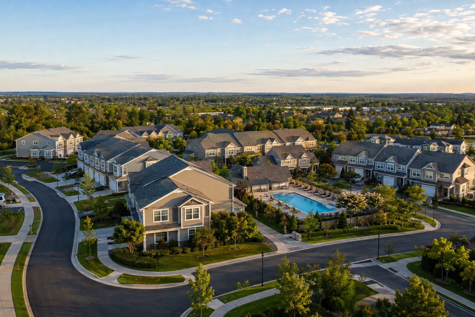 Aerial view of a well-maintained suburban HOA community with townhomes, a shared swimming pool, landscaped streets, and warm late-afternoon sunlight.