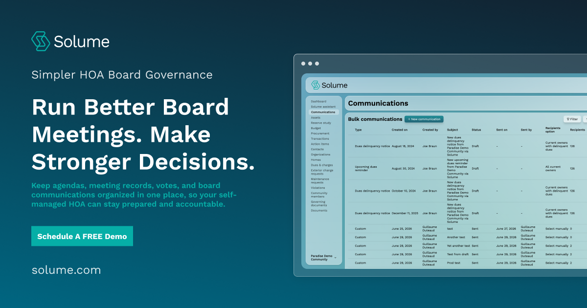 Solume CTA graphic featuring a dashboard interface for organizing HOA board meetings, agendas, records, votes, and community communications.