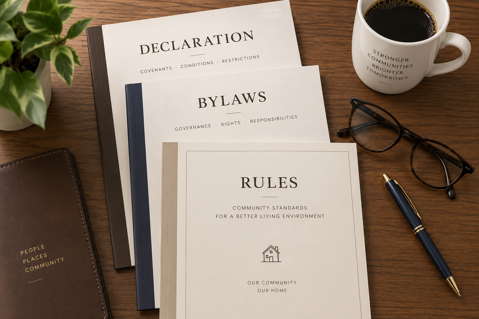 Flat-lay of condominium legal documents labeled Declaration, Bylaws, and Rules on a wooden desk with a pen, glasses, coffee mug, and plant.