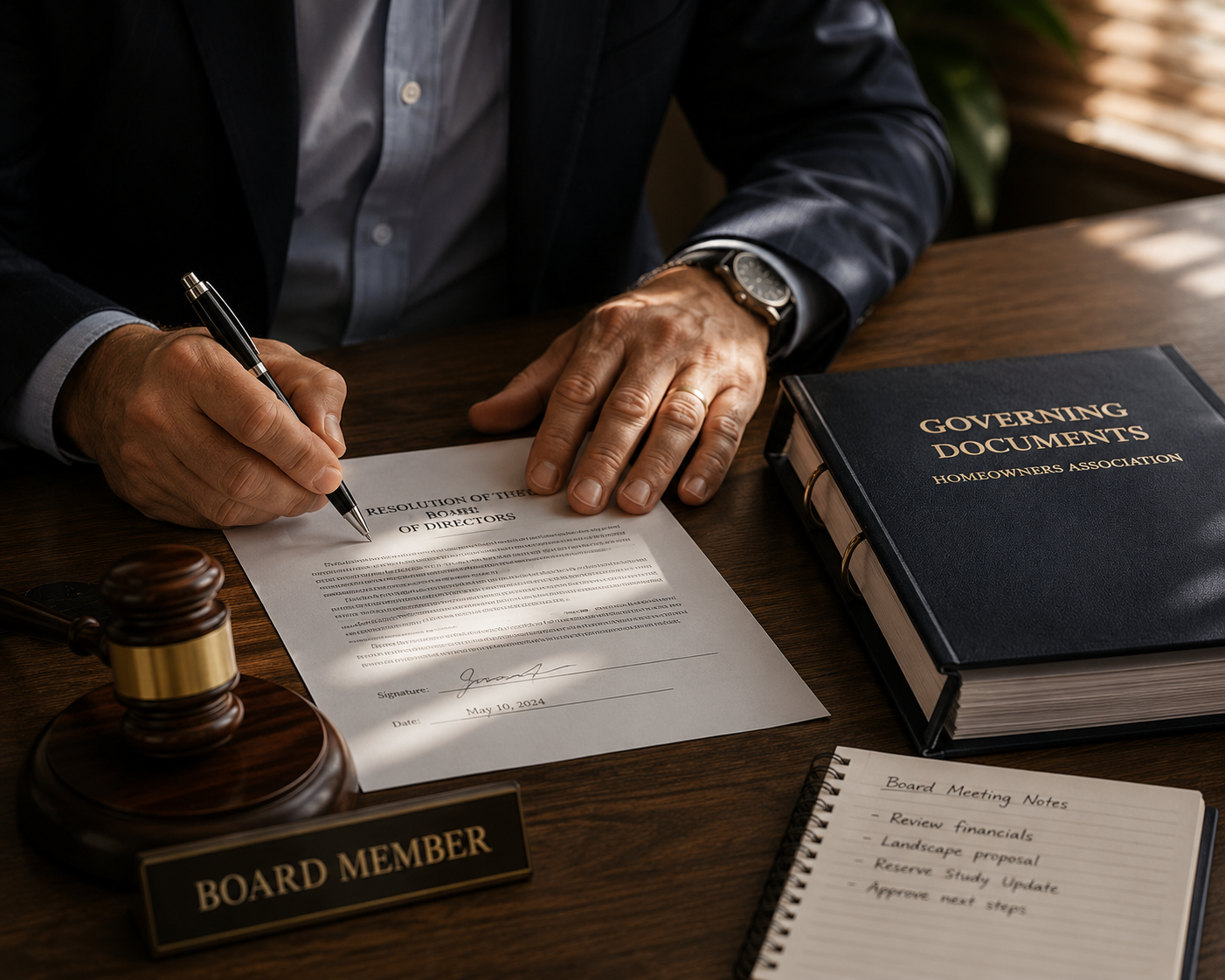 Close-up of a volunteer HOA board member signing an official association document on a wooden table beside a judge's gavel and a bound copy of the community's governing documents, symbolizing responsible leadership and governance.