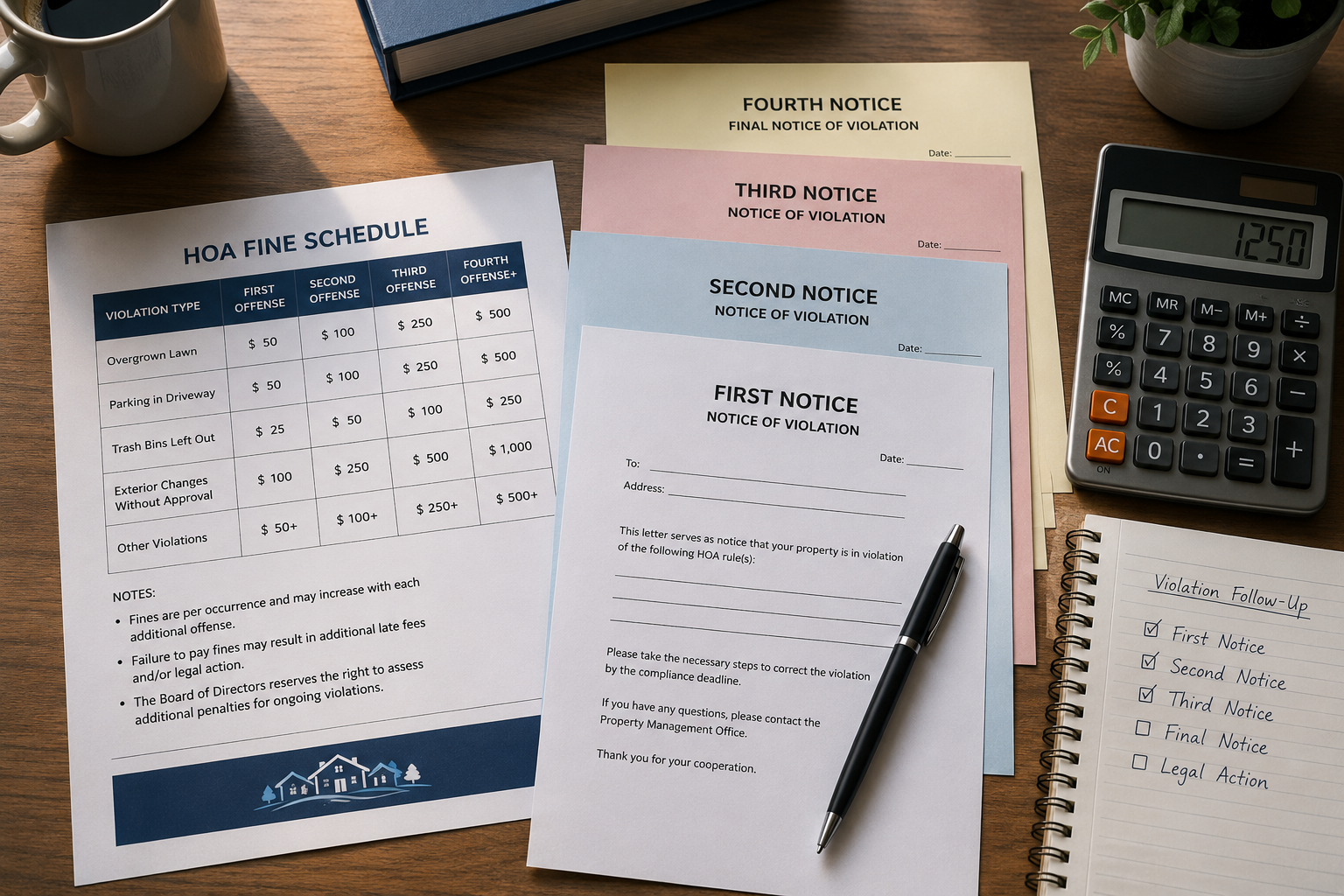 Overhead view of an HOA fine schedule, escalating violation notices, calculator, and pen on a wooden desk.