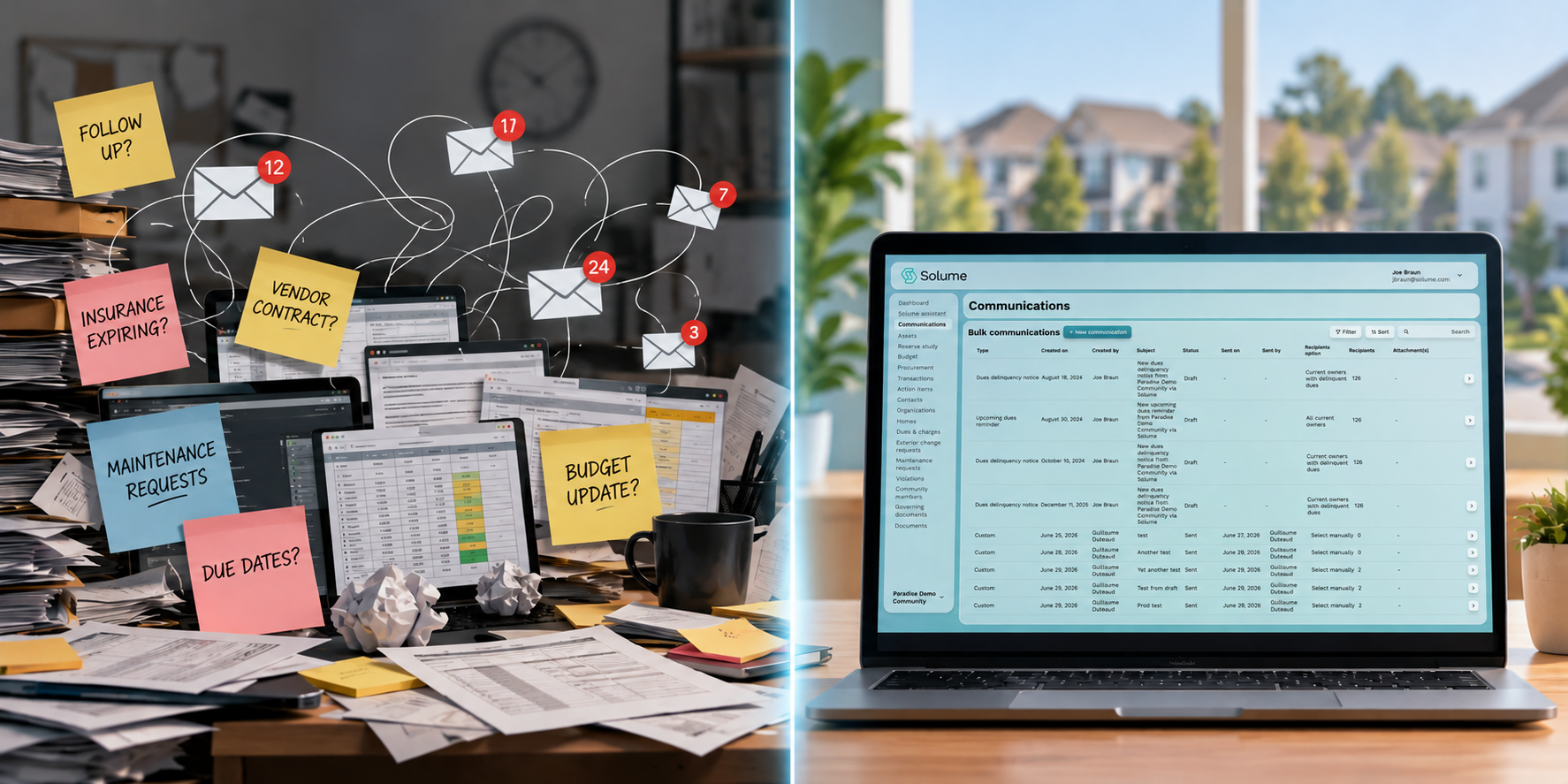 Split-screen image showing a cluttered workspace with scattered papers, emails, and sticky notes on the left, contrasted with a laptop displaying Solume’s organized communications dashboard on the right.