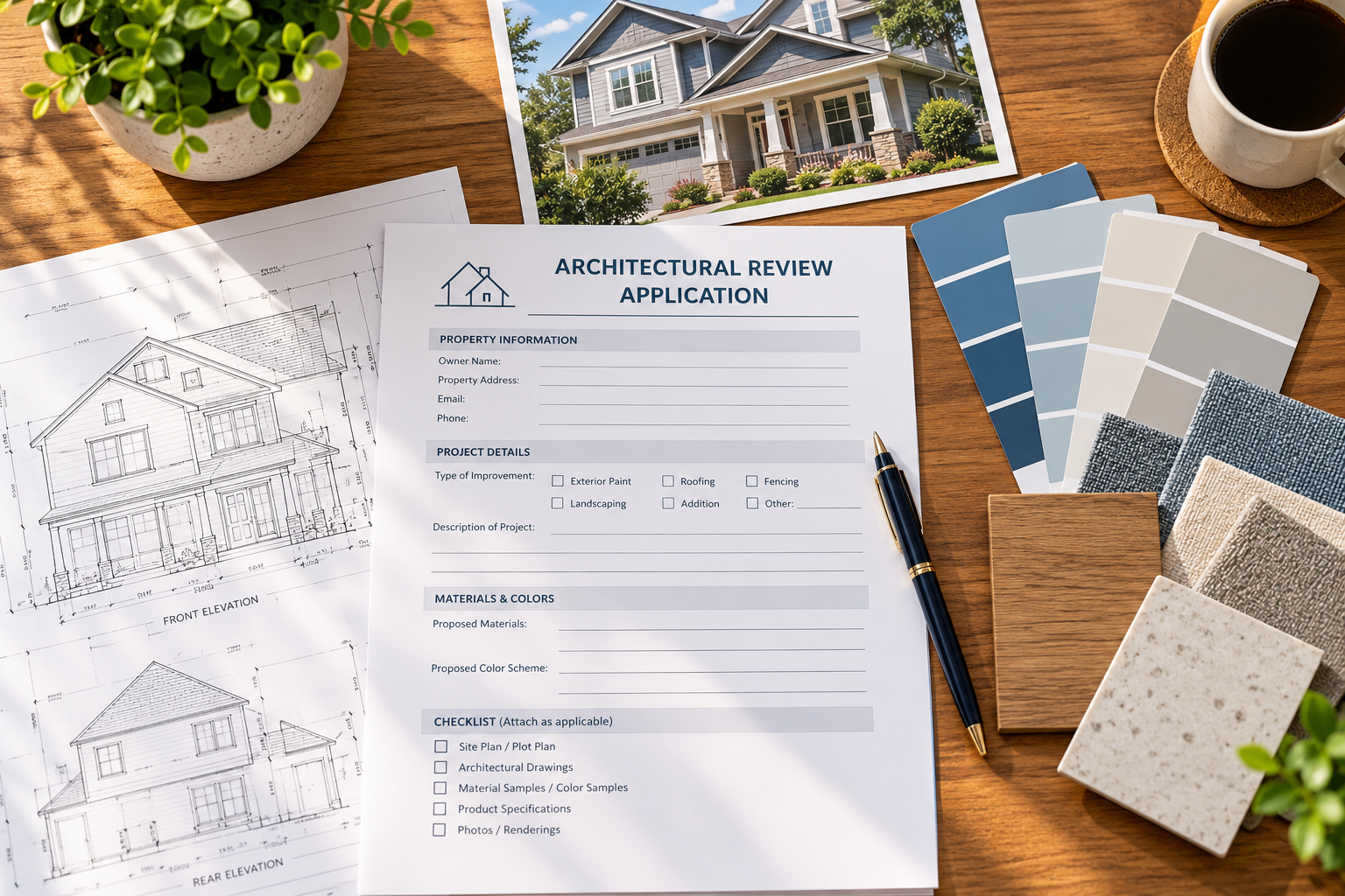 Overhead view of an HOA architectural review application surrounded by house blueprints, paint swatches, fabric samples, wood and stone materials, a pen, and coffee on a wooden desk.