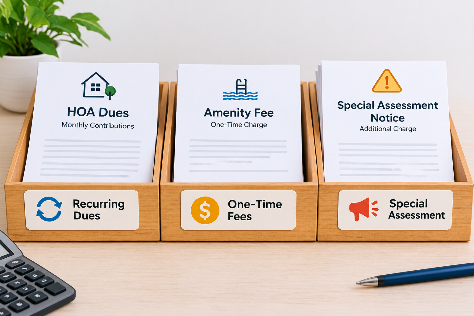 Three wooden document trays labeled Recurring Dues, One-Time Fees, and Special Assessment, organizing HOA billing documents on a clean desk.