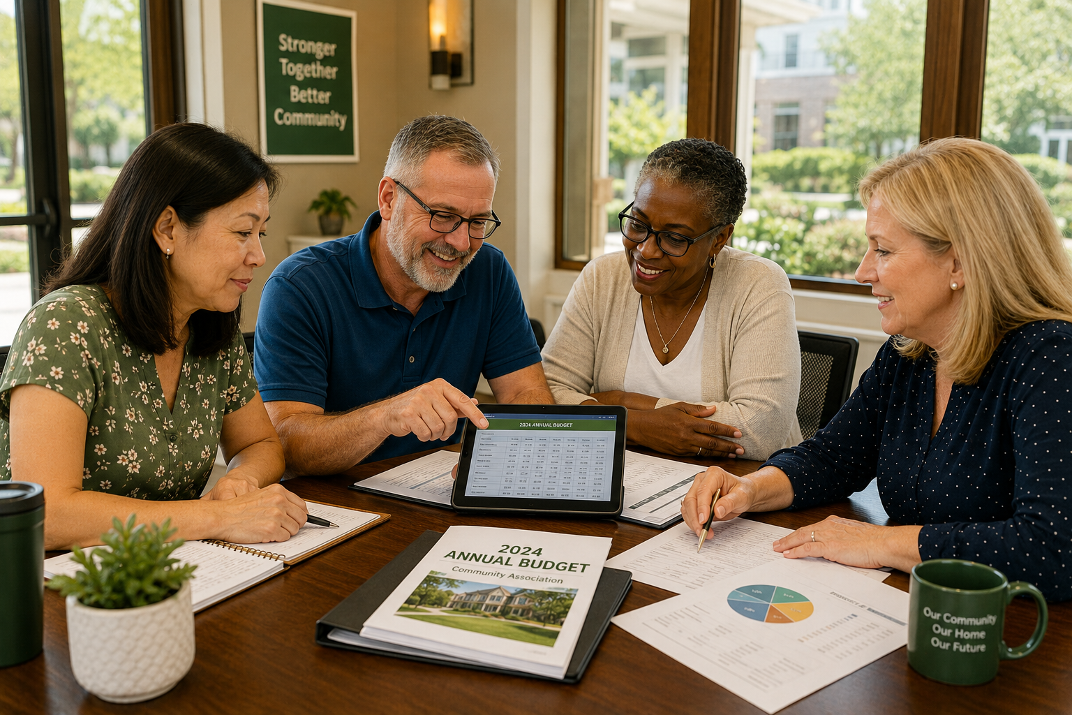 Diverse HOA board members gathered around a conference table in a bright community clubhouse, reviewing an annual budget with printed reports and a tablet displaying a financial spreadsheet during a collaborative planning meeting.