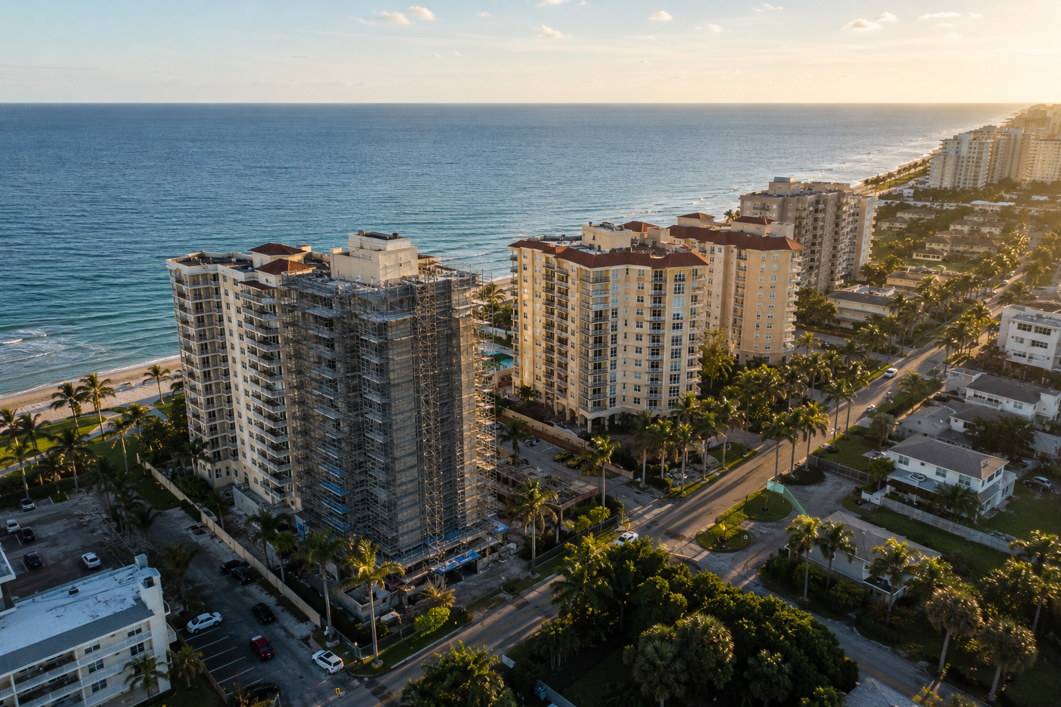 Aerial view of Florida beachfront condominiums at sunset, with one mid-rise building covered in repair scaffolding beside palm-lined streets and the calm Atlantic Ocean.