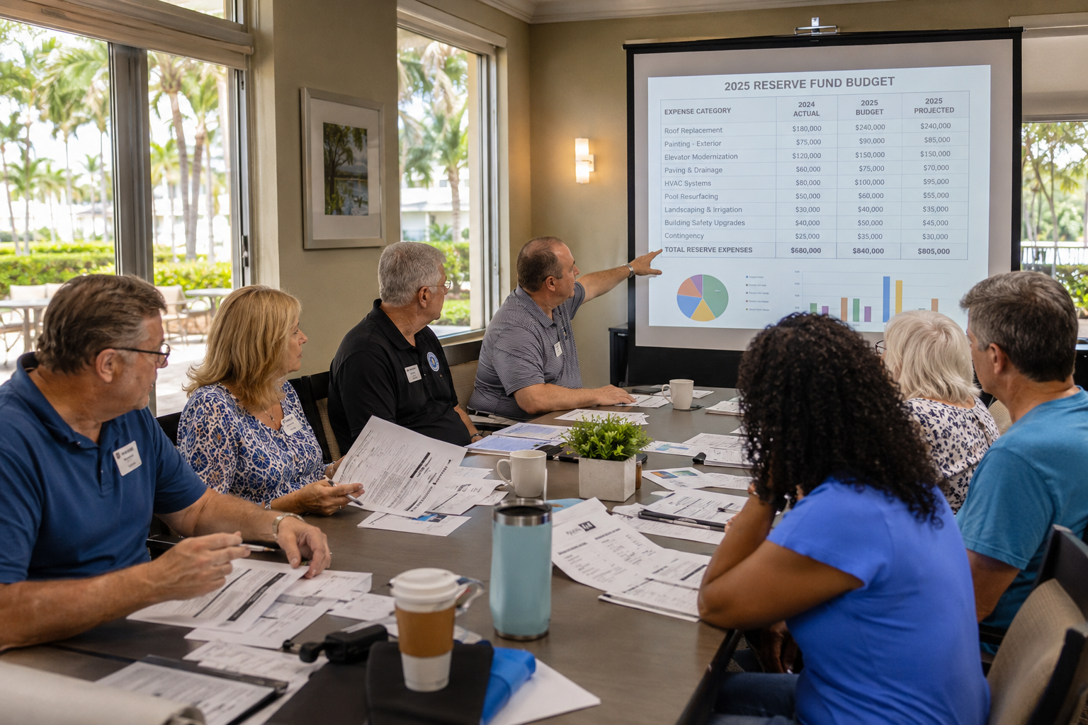 Diverse condo board members and residents seated around a conference table in a community clubhouse, reviewing printed budget documents while one person points to a projected financial spreadsheet during a reserve planning meeting.