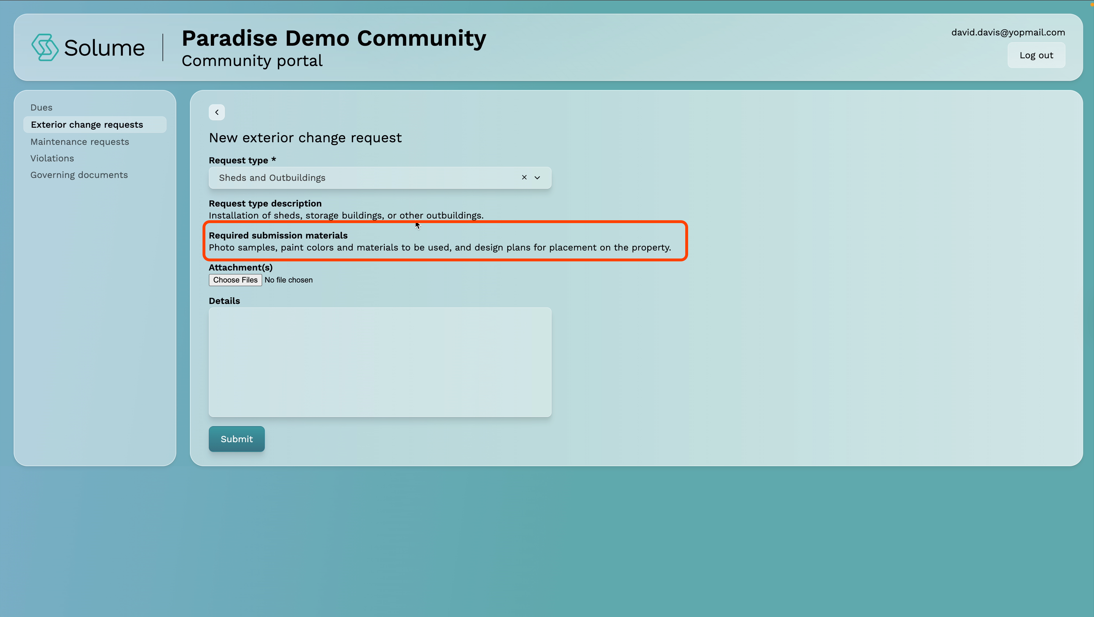 A screenshot highlighting the submission requirements for your selection on the home owner portal of Solume.