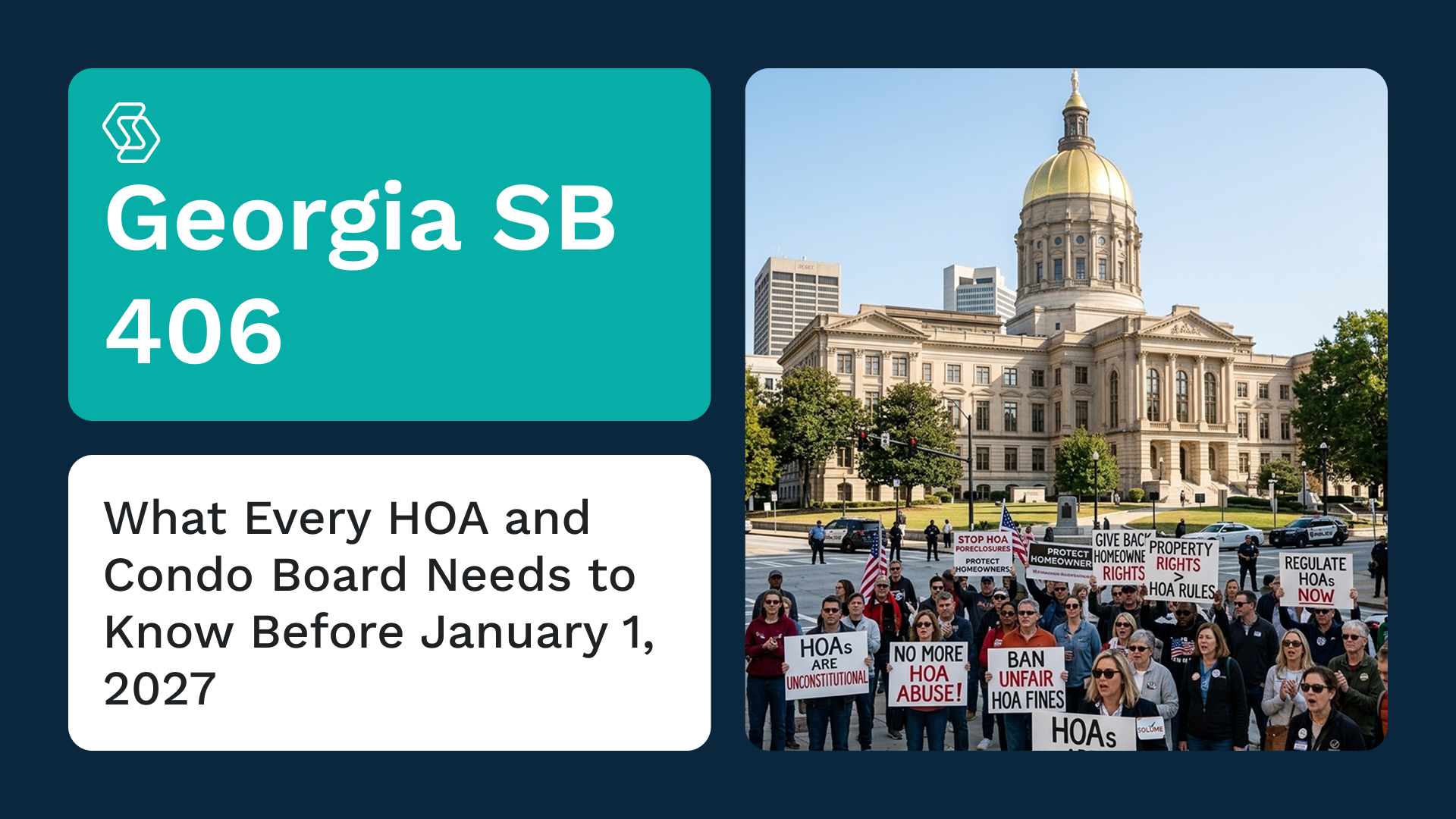 an image of the Georgia state capitol with HOA protestors in the front