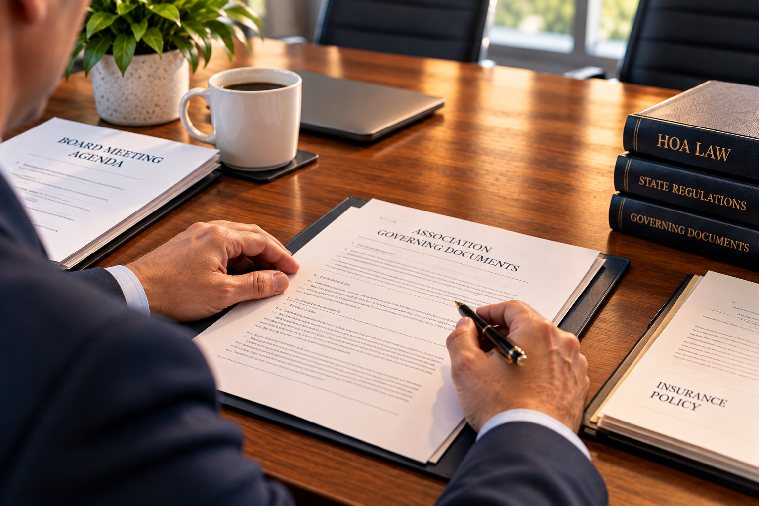 Close-up of an HOA board member reviewing governing documents at a wooden conference table, surrounded by legal reference books, a board meeting agenda, and an insurance policy folder.