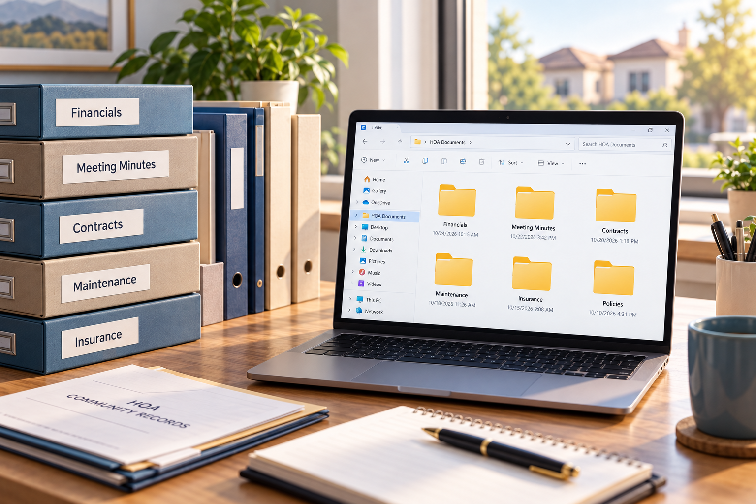 Laptop displaying organized HOA document folders in Windows File Explorer alongside labeled physical file storage boxes for financial records, meeting minutes, contracts, maintenance, and insurance.
