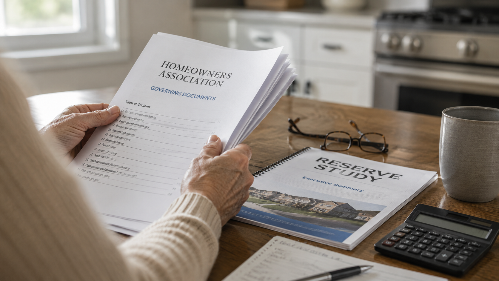 Close-up of a homeowner reviewing HOA governing documents and a reserve study report at a wooden kitchen table, with reading glasses, a calculator, and soft natural light creating a thoughtful atmosphere.