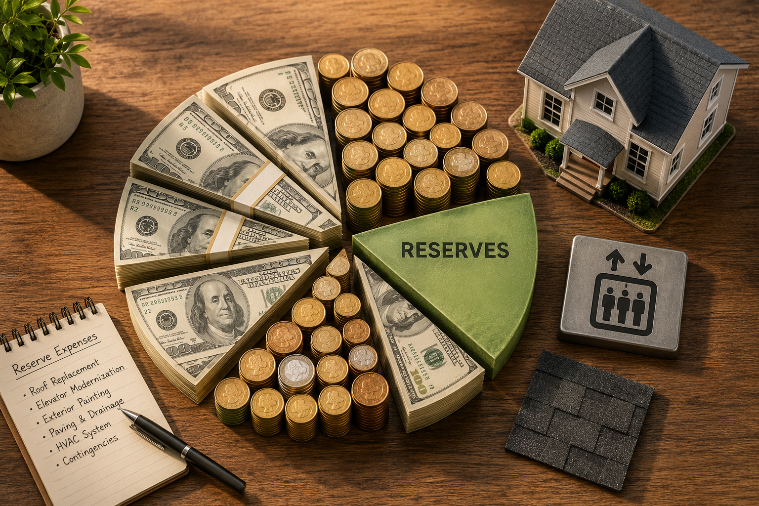 Pie chart made of stacked coins and dollar bills with a highlighted reserve fund section, surrounded by a model house, roof shingle sample, elevator icon, and maintenance planning notes on a wooden table.