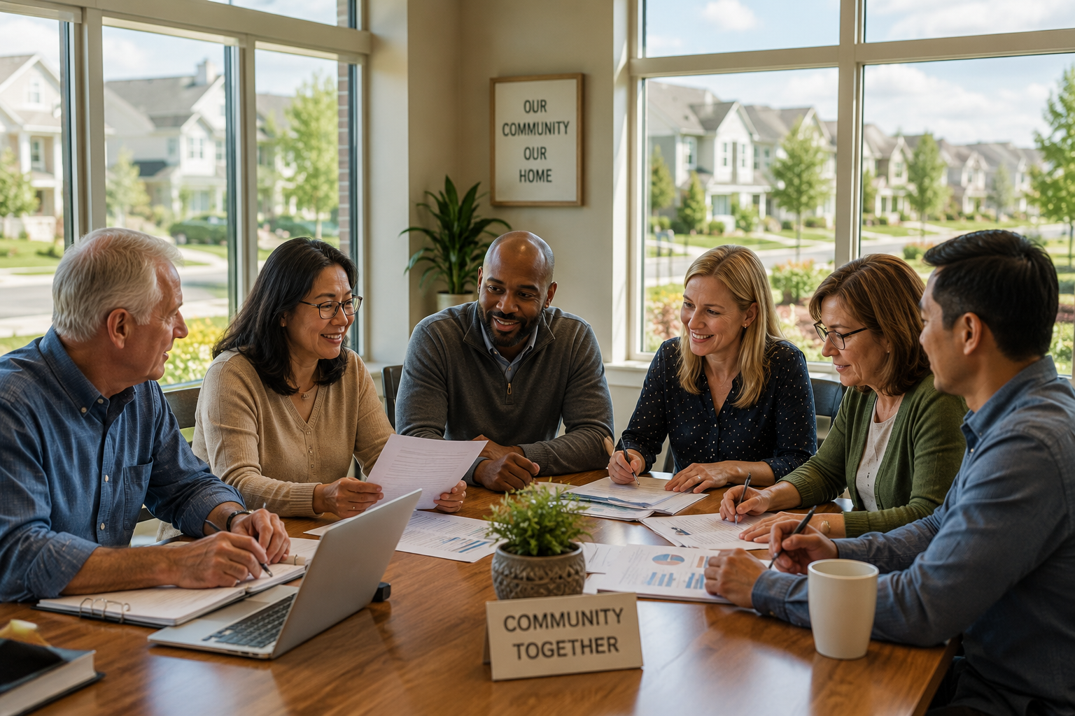 Diverse homeowners and HOA board members reviewing documents together around a clubhouse table, with a well-maintained neighborhood visible through the windows.
