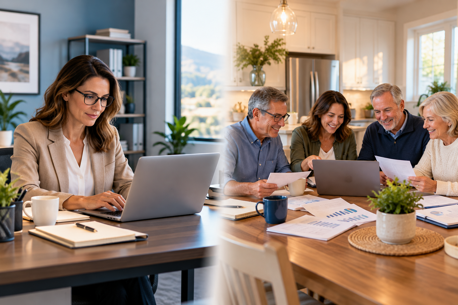Split-composition image showing a professional woman working independently at an office desk on the left and a group of community volunteers collaborating around a kitchen table with laptops and paperwork on the right.