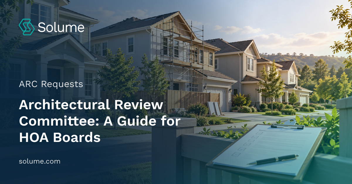 A well-maintained suburban HOA neighborhood with several homes, one house undergoing exterior renovation, and an architectural review checklist on a clipboard in the foreground.