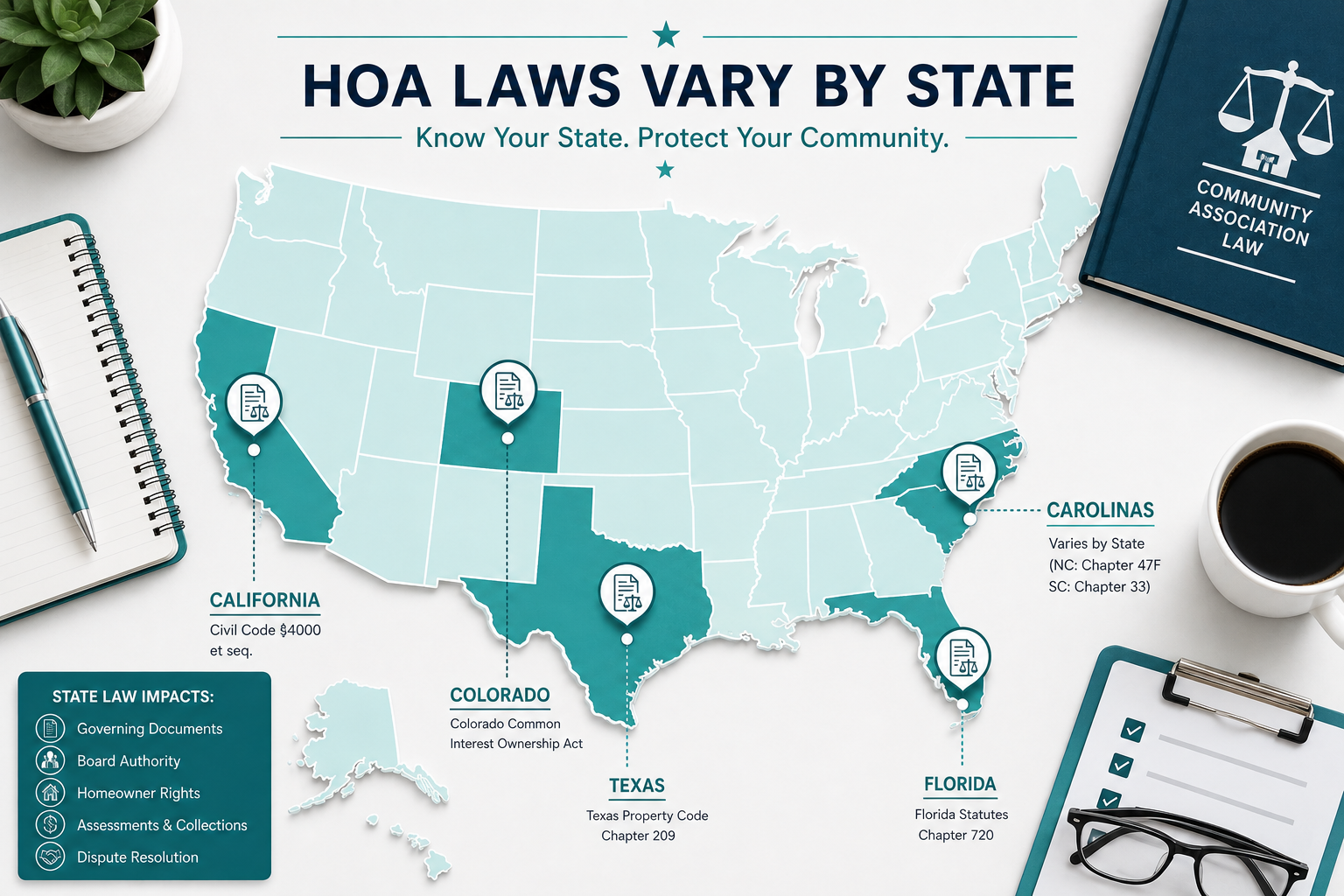 U.S. map infographic highlighting HOA laws in California, Colorado, Texas, Florida, and the Carolinas, with legal document icons marking each state.