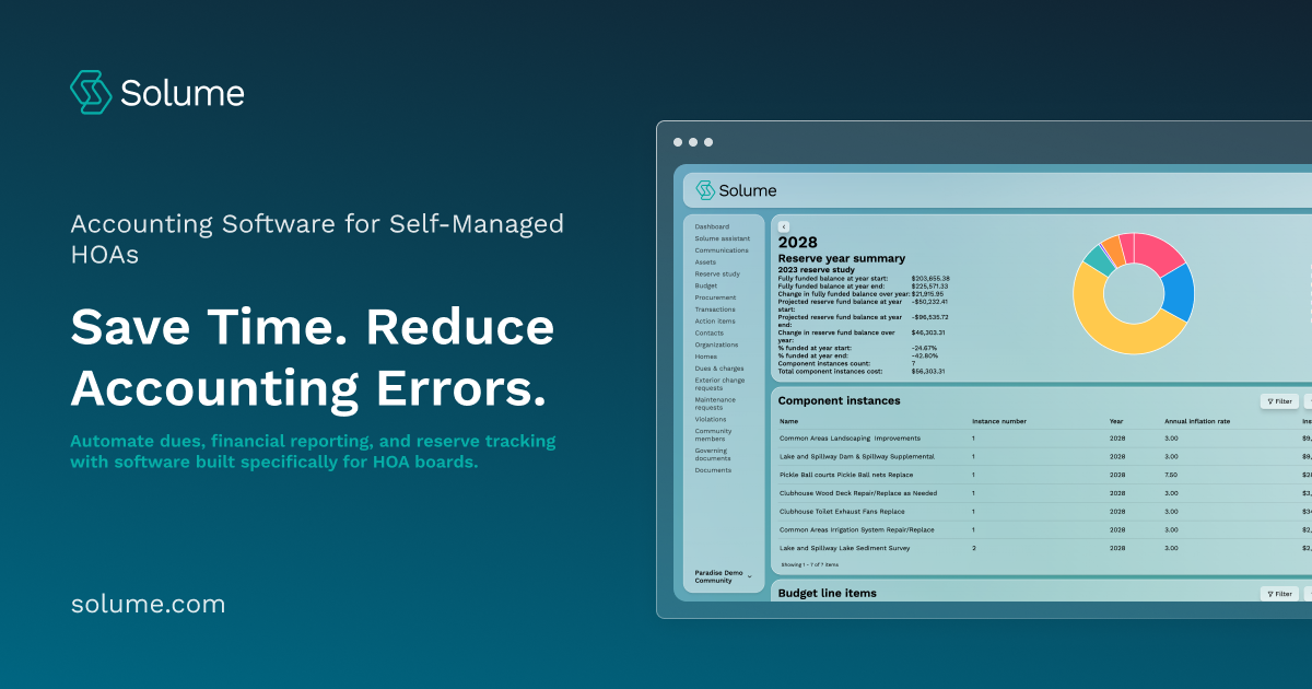 CTA banner for Solume showcasing accounting software for self-managed HOAs, featuring the headline "Save Time. Reduce Accounting Errors." alongside a reserve study dashboard displayed on a laptop screen.