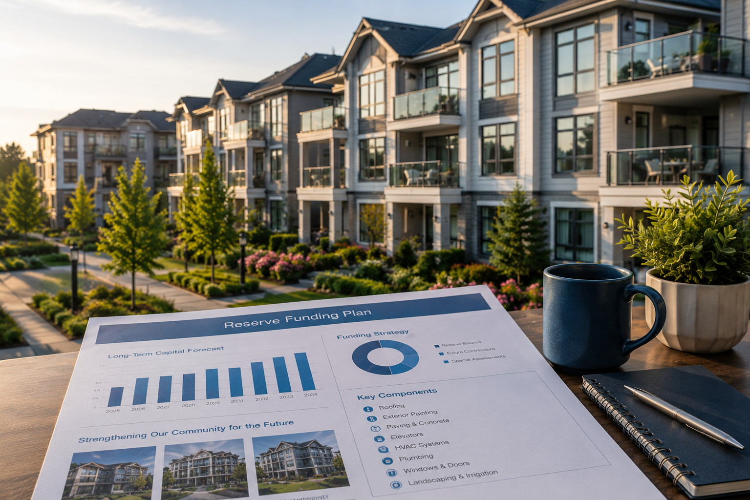 Maintenance crew inspecting the roof of a modern mid-rise condominium while a reserve funding plan document sits in the foreground, representing long-term property planning and building maintenance.