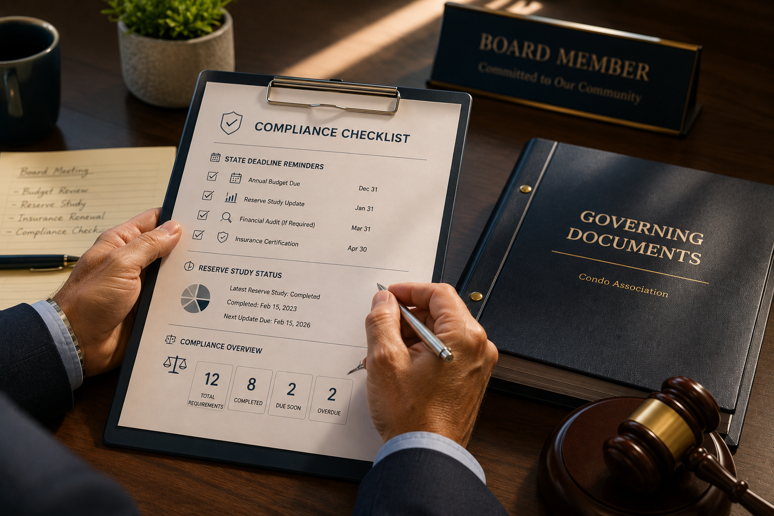 A close-up of a condominium board member reviewing a printed compliance checklist on a clipboard at a wooden desk. Beside the checklist are a governing documents binder, a wooden gavel, a meeting notepad, and a coffee mug, creating a professional workspace focused on compliance, reserve planning, and community governance.