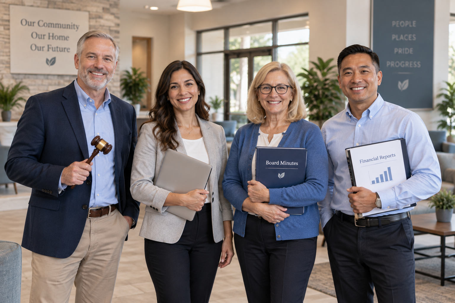 Four diverse HOA board officers standing in a clubhouse lobby, representing their roles with a gavel, laptop, board minutes binder, and financial reports folder.